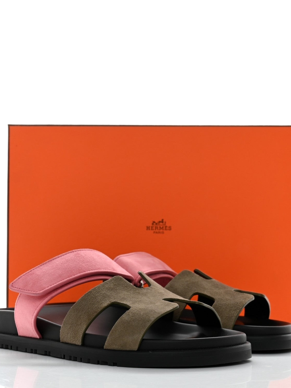 Hermès Two-Tone Suede Slide Sandals in Olive & Pink